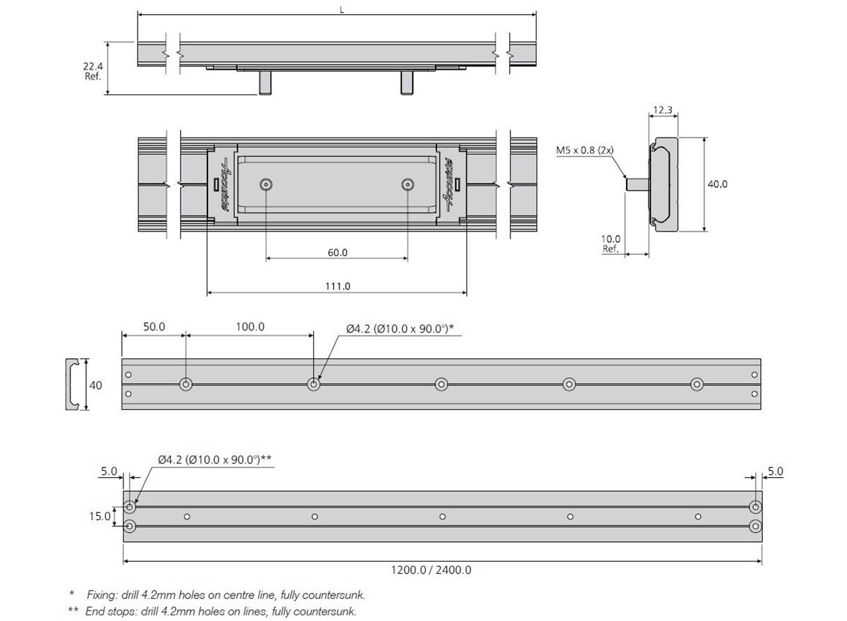 Accuride 0115 RC Aluminium Linear Motion Track dimension guide