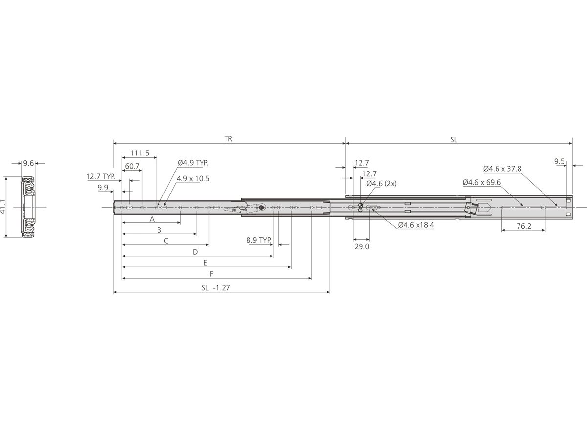 Accuride 2907 drawer slides with front disconnect diagram showcasing the movement available 
