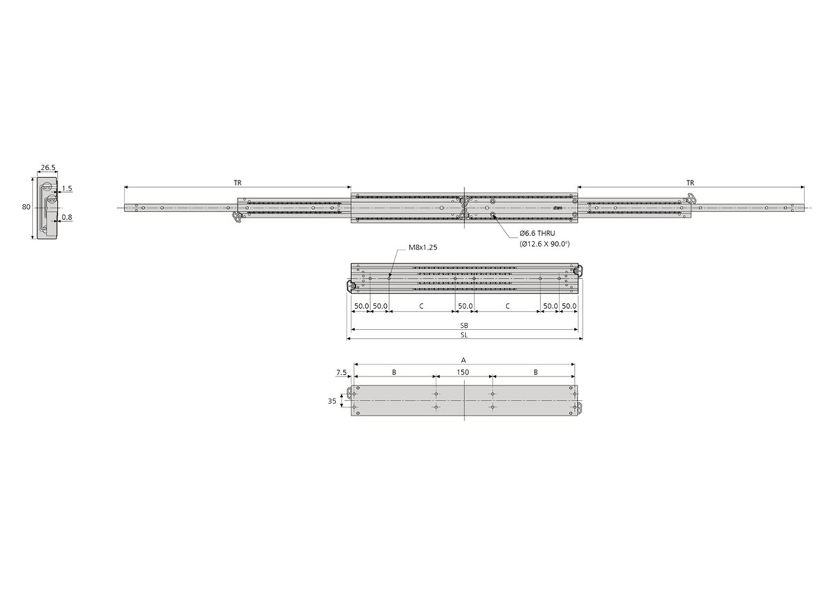 Accuride DA 4165 Two-Way Travel Drawer Slides dimension guide