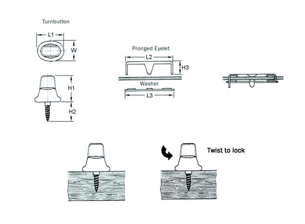Common Sense® Turn Buttons | Screw Fixing Stud | Pronged Eyelet | Ebanol Black dimension guide
