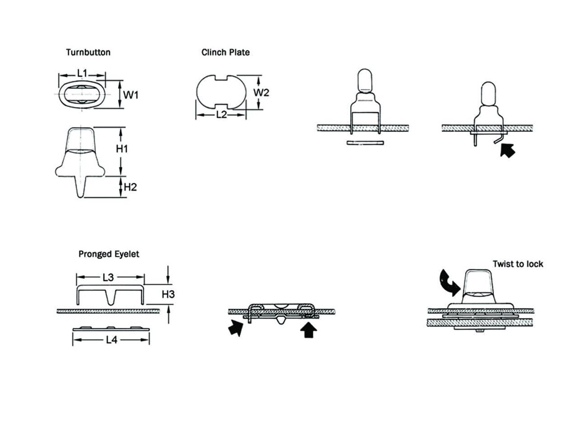 Common Sense® Turn Buttons | Two-Prong Stud | Turnbutton | Ebanol Black dimension guide