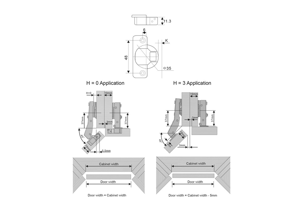 GS 45° Soft Close Cabinet Hinge with Clip on Hinge Plate Technical Linedrawing