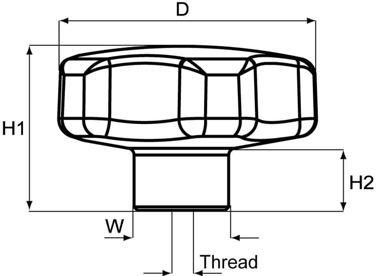 Lobe Knob | M6  x  40mm Dia | Through Thread dimension guide
