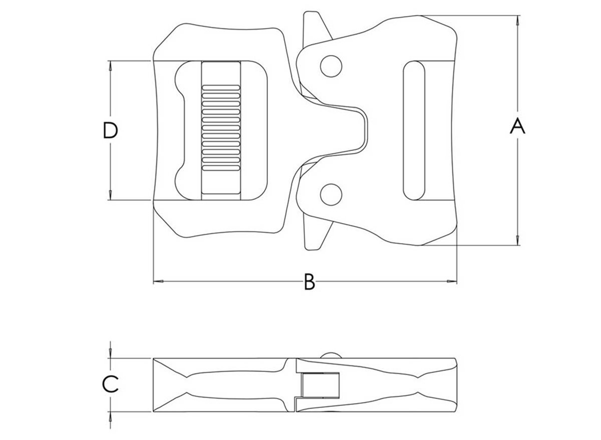 Metal side release buckles dimensional guide in grayscale 